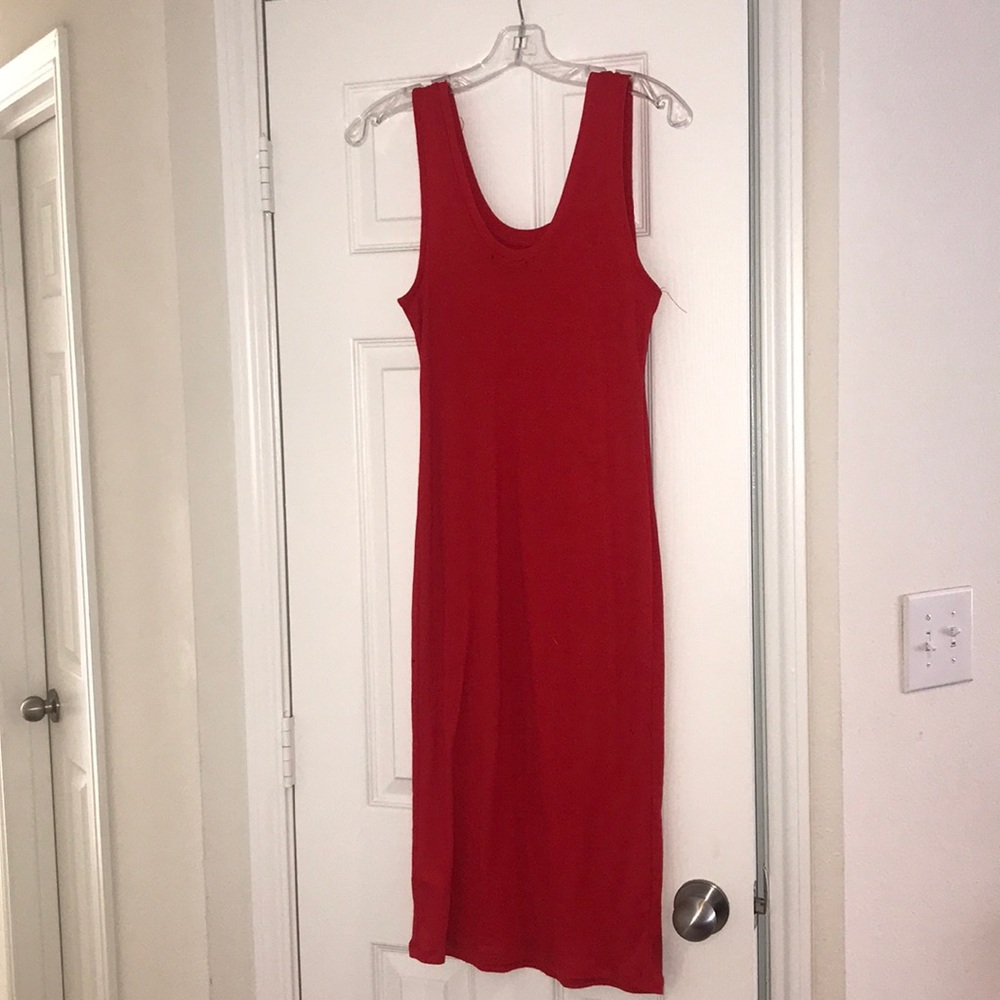 Ribbed fitted tank dress. Burnt orange, midi.